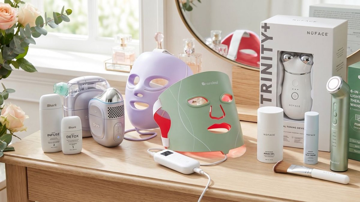 A modern at-home facial skincare device rests on a clean surface for product evaluation.