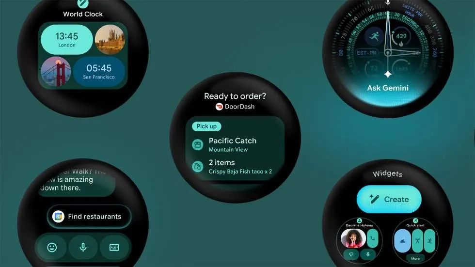 The Wear OS 7 interface displays battery efficiency metrics and developer preview tools.