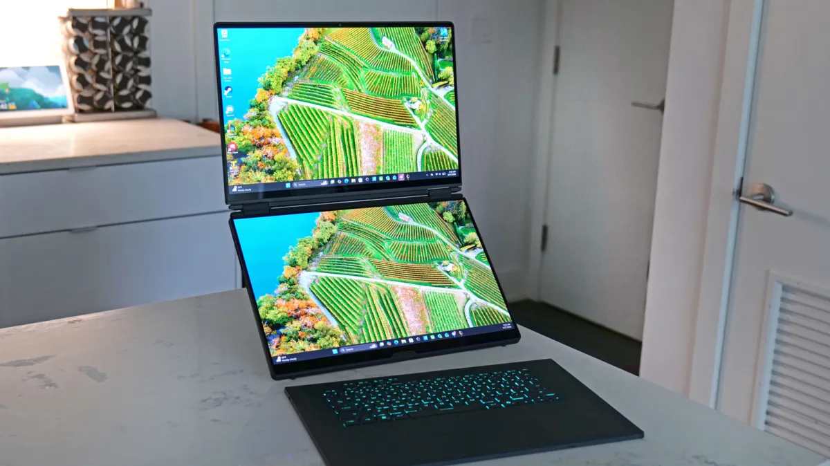 ASUS ROG Zephyrus Duo laptop featuring a dual OLED display and a detachable magnetic keyboard.