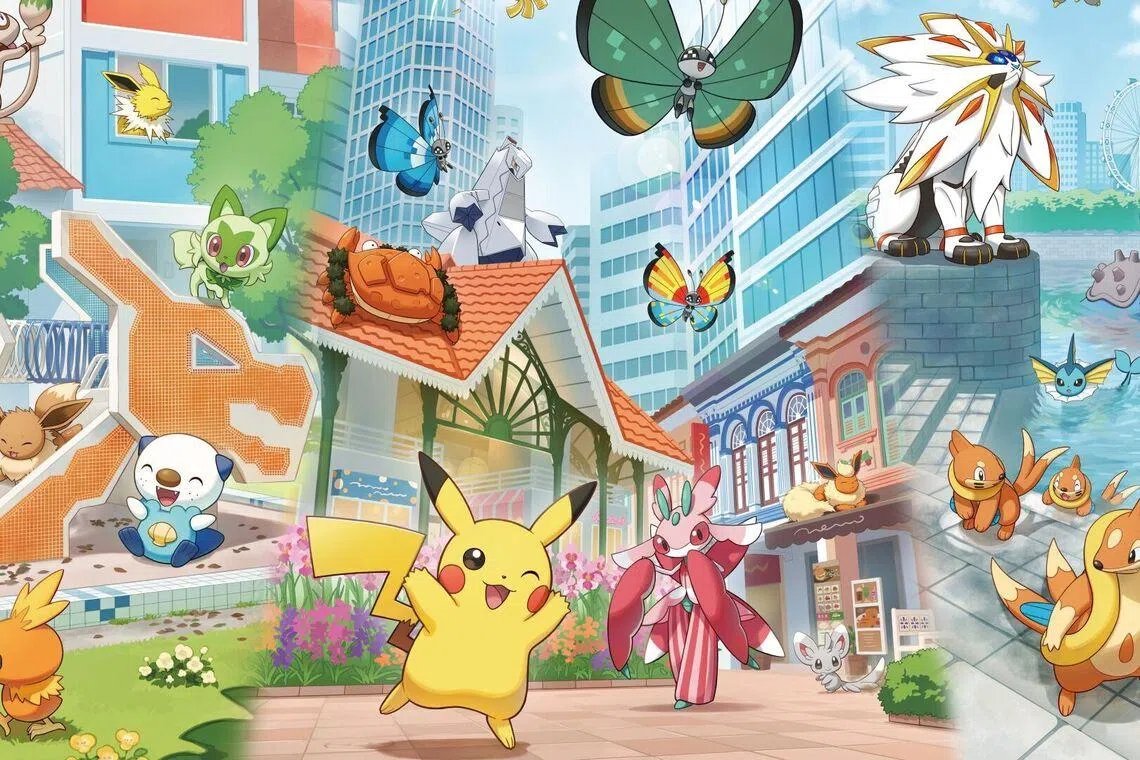 A Solgaleo mascot stands outside the newly redesigned Pokemon Center Singapore at Jewel Changi Airport