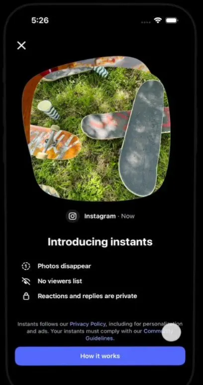 A smartphone screen displays the disappearing photo feature within Instagram direct messages.