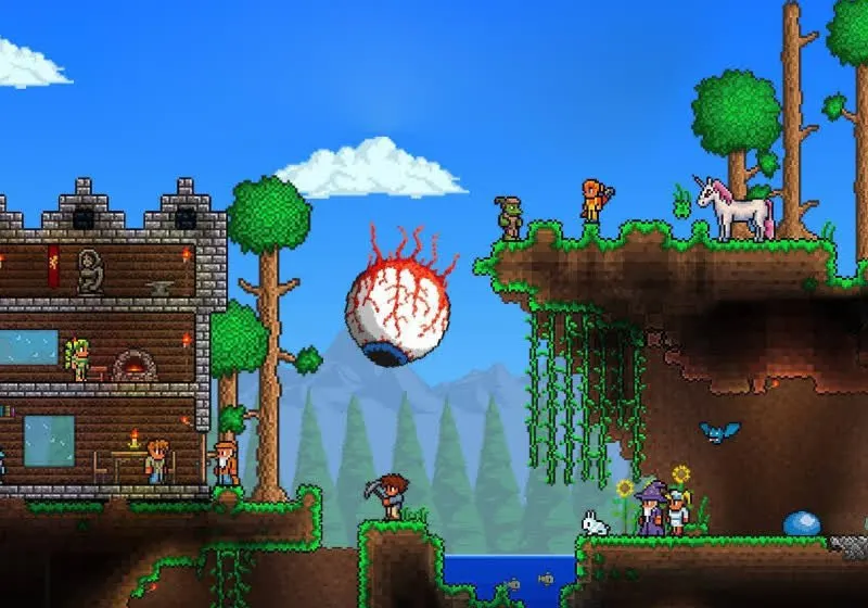 Terraria gameplay screenshot showing mining and crafting mechanics