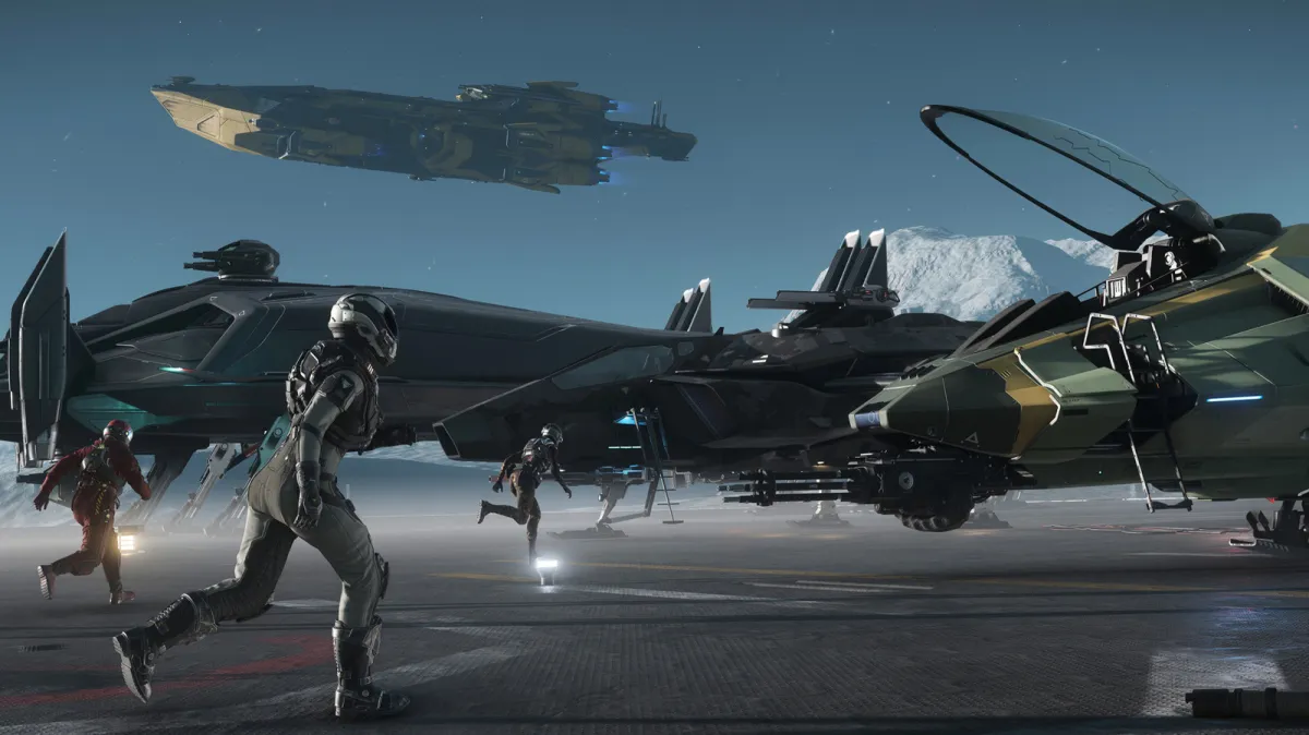 Star Citizen game logo and spaceship illustration.