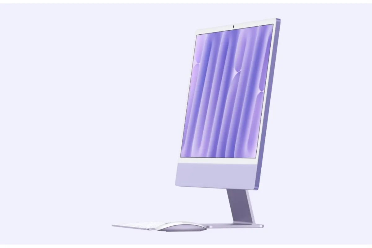 Front view of the purple M4 iMac all-in-one desktop computer with a silver stand