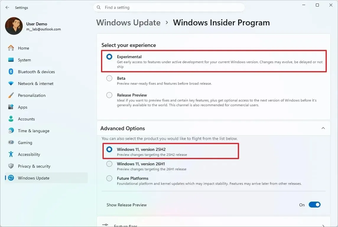 The Windows 11 Insider settings page shows the new feature flags interface for toggling experimental components.