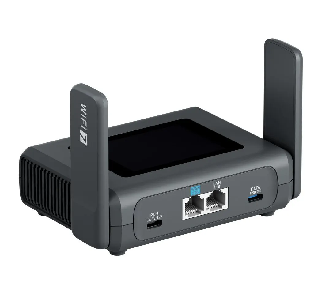 The GL.iNet Slate 7 Pro tri-band Wi-Fi 7 travel router features a compact chassis and external antennas.