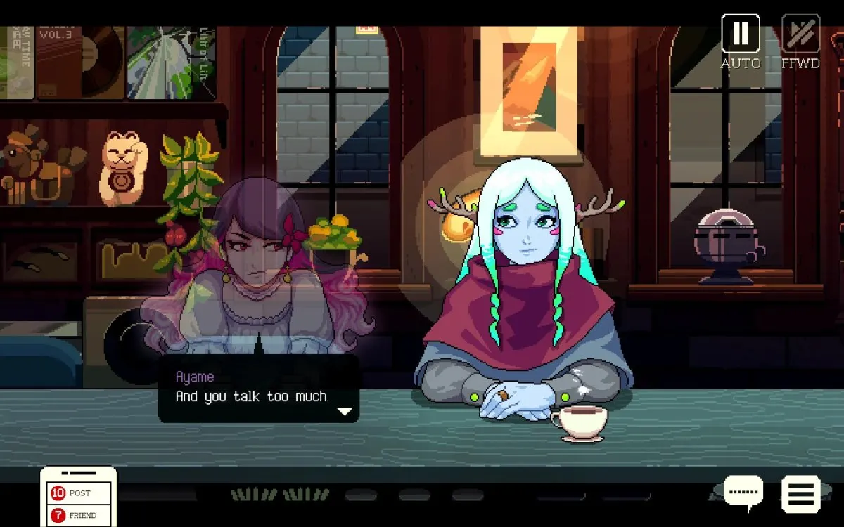 A stylized visual novel scene showing a barista preparing drinks in a quiet Tokyo cafe.