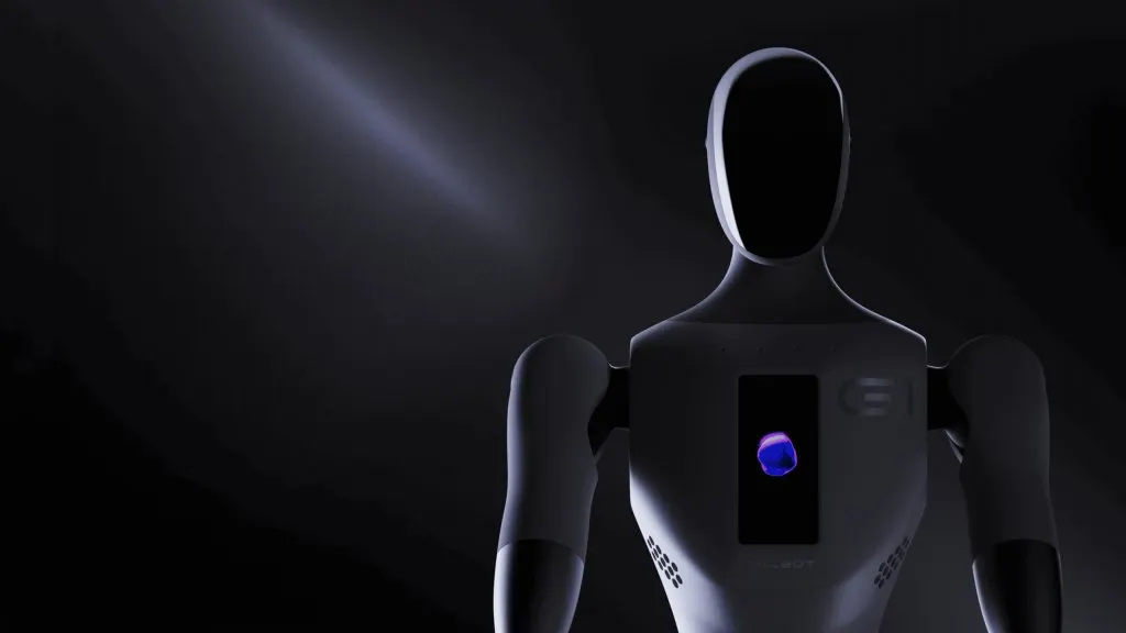 The image displays a humanoid robot prototype developed by Galbot for commercial automation.
