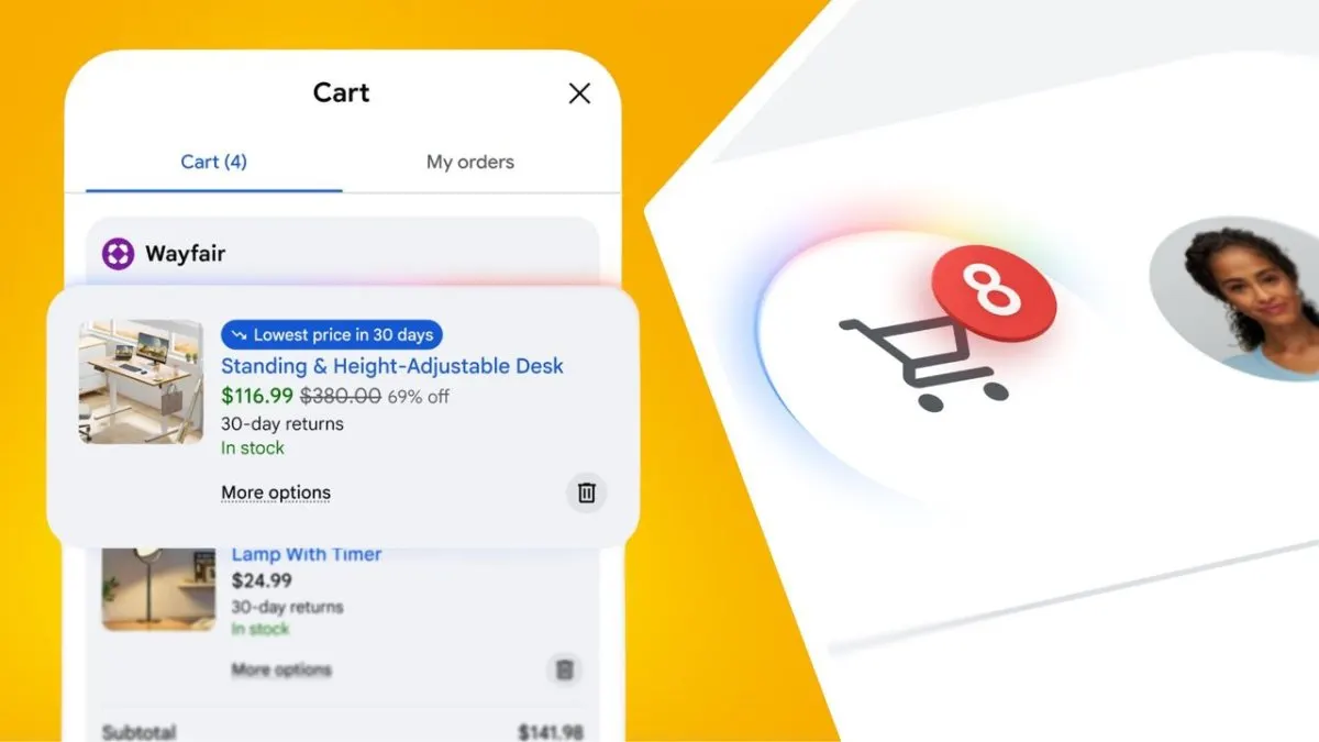 Google Universal Cart interface displaying AI price tracking and cross retailer product aggregation