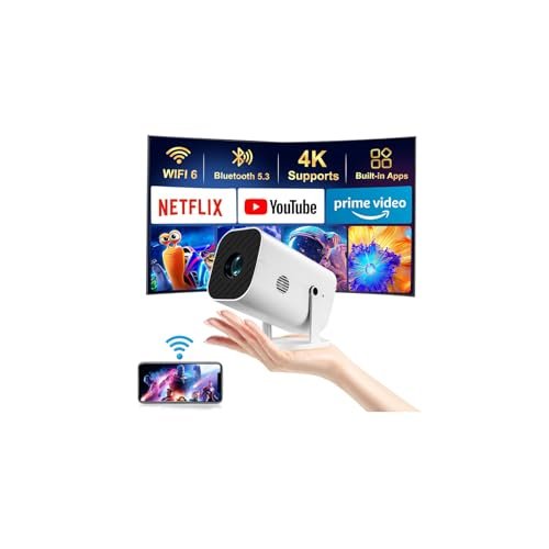 A home theater projector displays a clear image on a large screen within a controlled lighting environment.