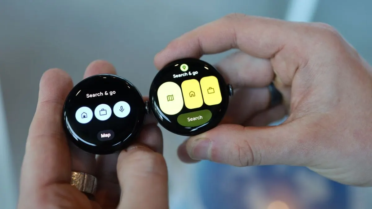 Smartwatch screen displaying the Wear OS 7 interface with Gemini AI voice controls and fitness tracking features.