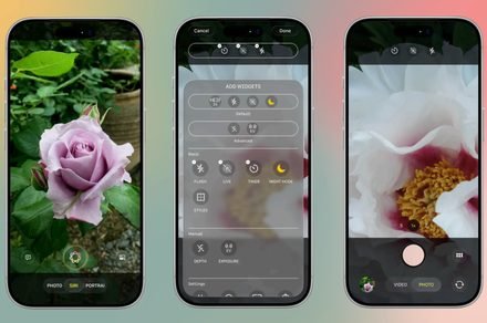 The redesigned iPhone camera interface displays customizable widgets and generative editing tools.