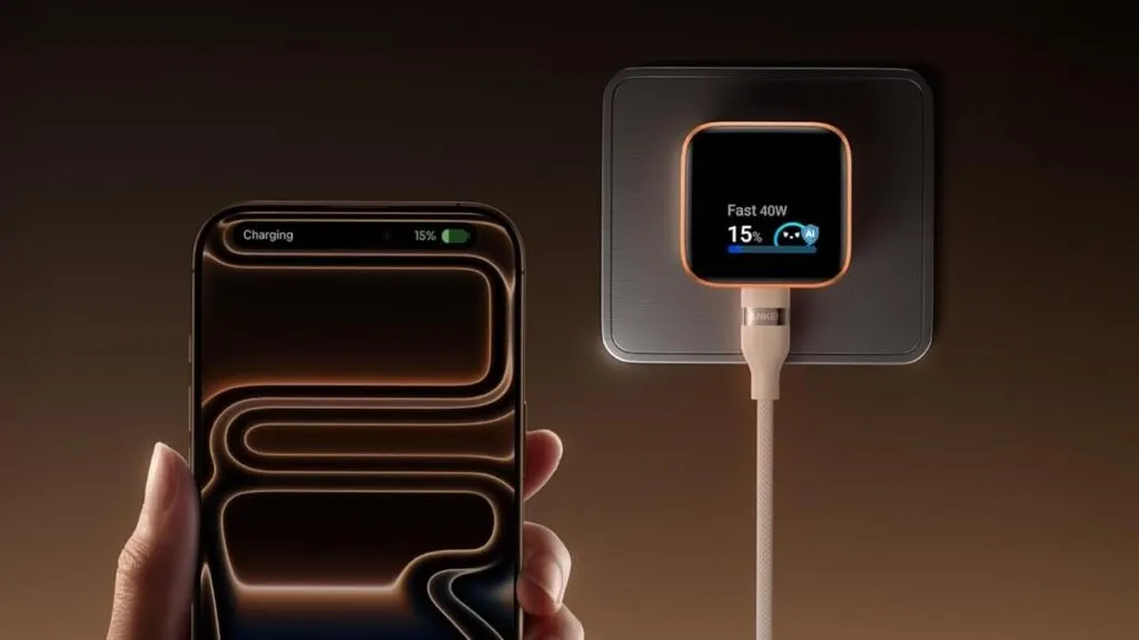 iPhone connected to a USB-C charging cable and power adapter