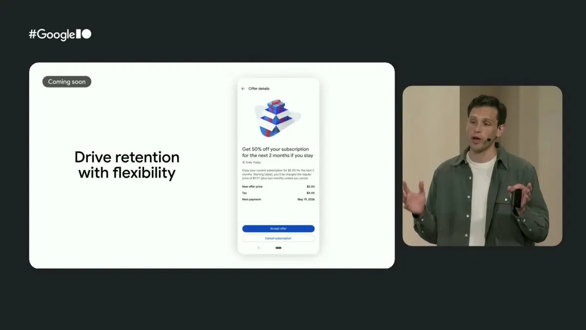 Google Play Store subscription cancellation screen displaying a downgrade option to a lower cost plan.
