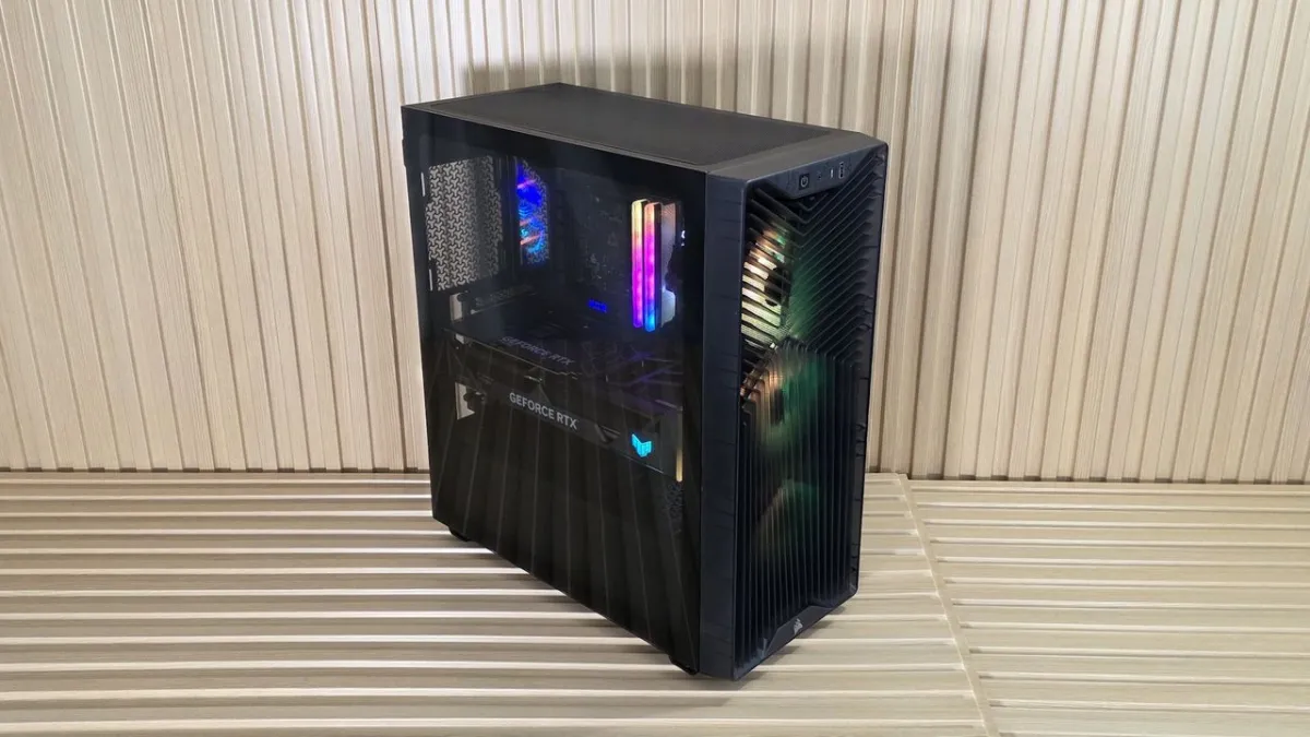 Corsair 3200D RS ARGB mid-tower PC case with tempered glass side panel and three pre-installed ARGB fans.