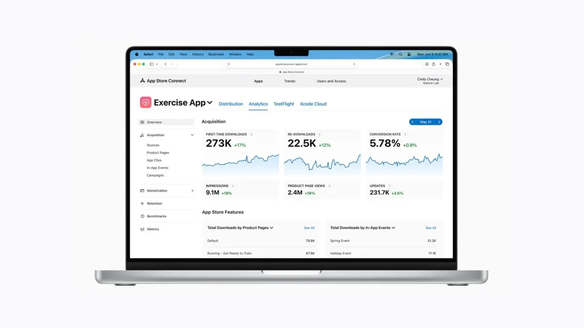 The updated App Store Connect Analytics dashboard displays new cohort analysis tools and monetization metrics.