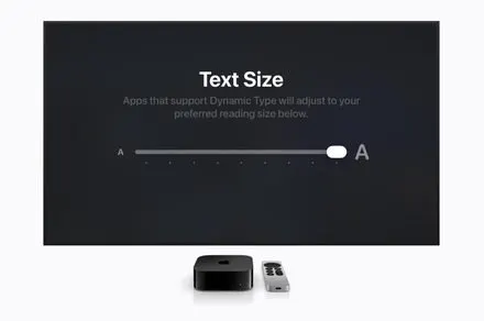 The tvOS 27 settings interface demonstrates the new systemwide text scaling feature.