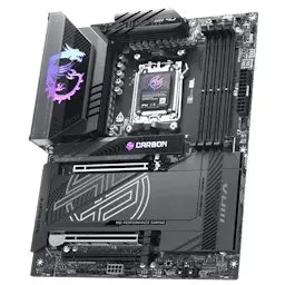 MSI MPG X870E Carbon Max Wi-Fi motherboard showing its component layout, heatsinks, and rear I/O panel