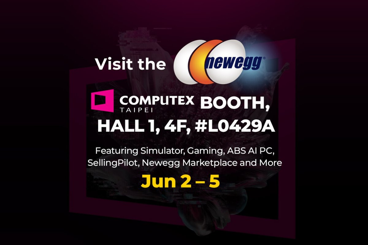The Newegg exhibition booth at Computex 2026 displays gaming hardware and retail technology.