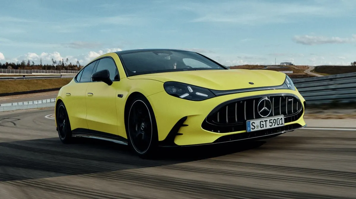 The Mercedes-AMG GT 4-Door Coupé electric vehicle features an 800-volt platform and a sleek aerodynamic profile.