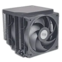 The dual-tower CPU cooler features paired fans for balanced thermal dissipation in budget computer builds.