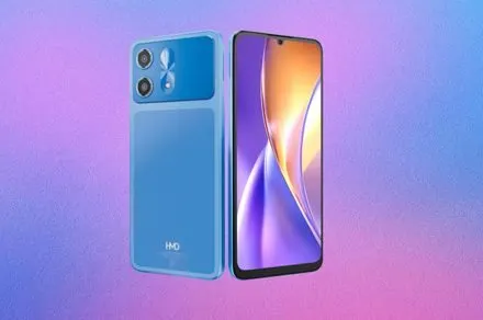 The rear camera module and glossy back panel of the HMD Vibe 2 5G smartphone are shown.