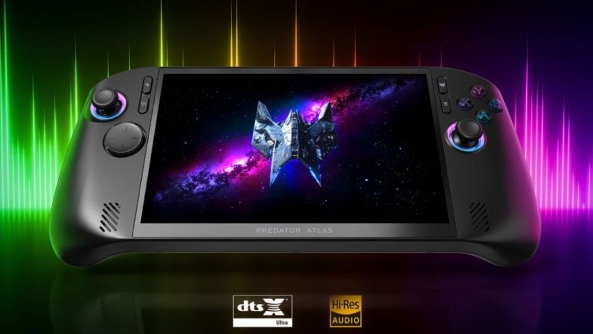 Acer Predator Atlas 8 handheld gaming PC featuring an eight-inch display and Intel Arc B390 graphics.