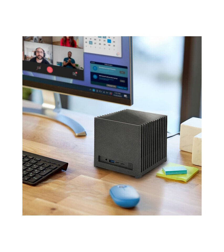 Bleu Jour Kubb fanless mini PC with Intel Core Ultra X7 358H processor and Arc B390 graphics.