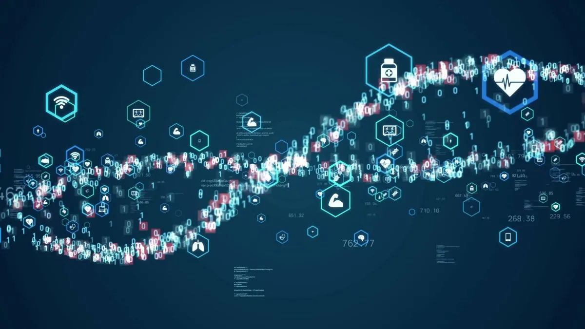 A healthcare professional examines medical technology trends on a digital screen.