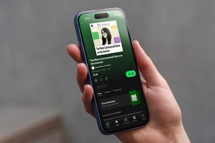 Spotify app interface displaying long-form audio articles from major publishers.
