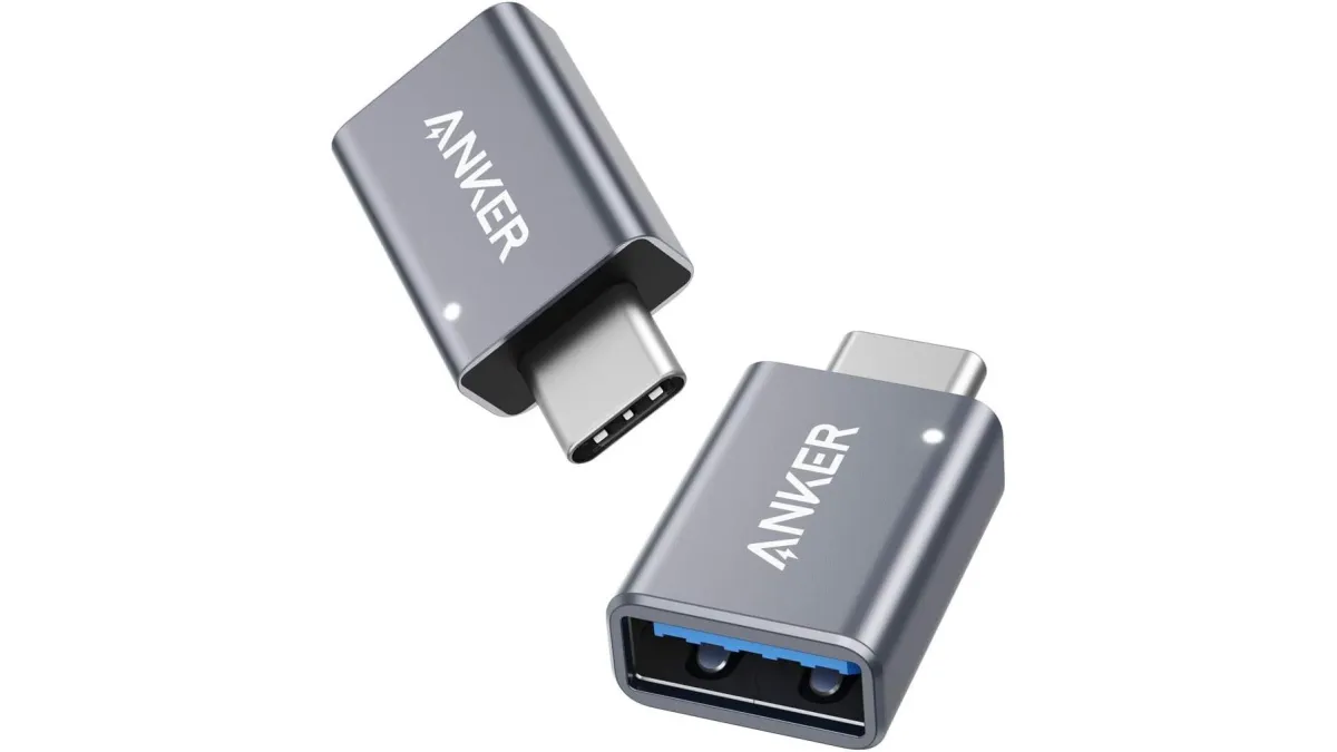 Two compact Anker USB-C to USB-A adapters are shown.