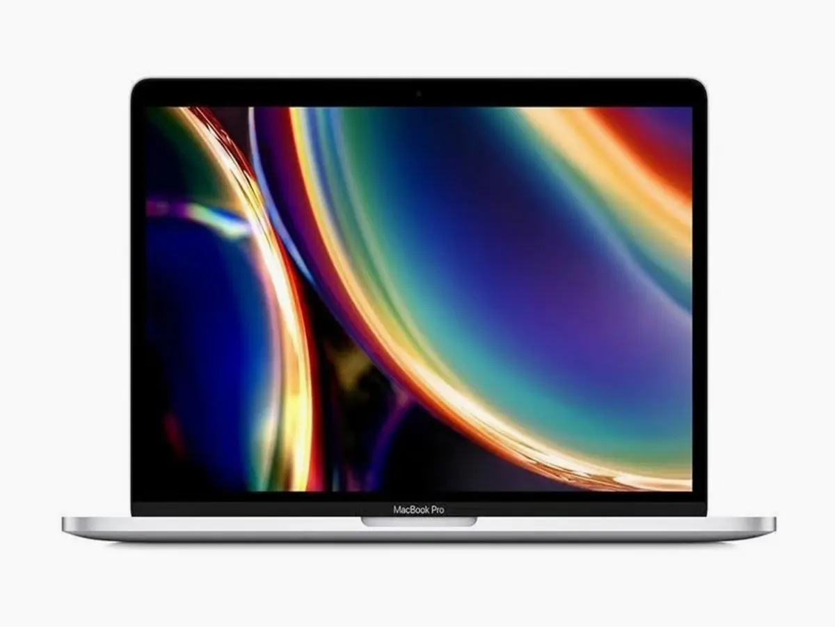 A silver refurbished MacBook Pro laptop rests closed with its keyboard clearly visible.