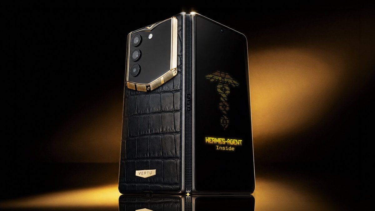 Vertu AlphaFold book-style foldable smartphone with integrated AI agent and exotic materials.