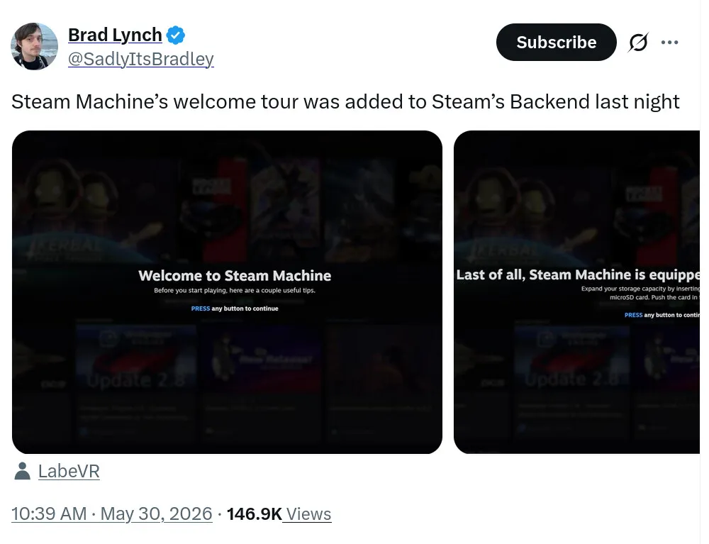 Steam Machine welcome tour interface showing hardware setup steps