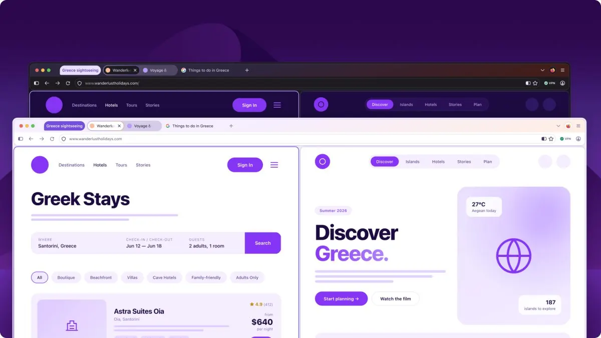 The Firefox Project Nova interface displays rounded design elements, streamlined navigation, and privacy controls.