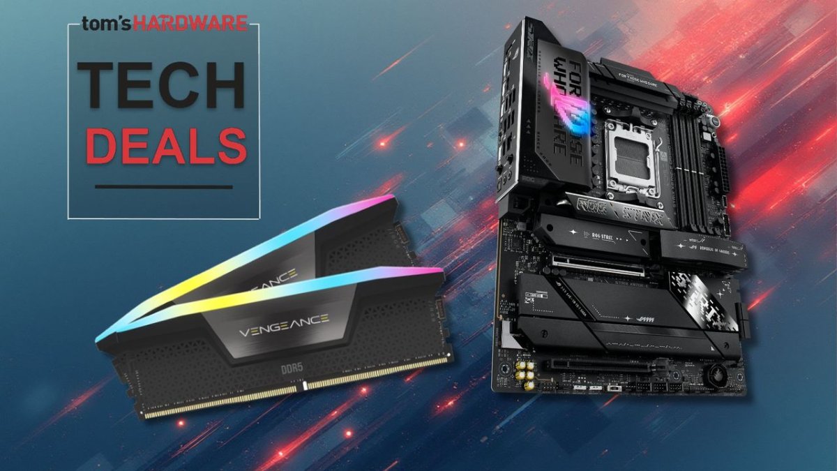 A Corsair Vengeance DDR5 memory module and an Asus motherboard are packaged together for AM5 desktop builds.