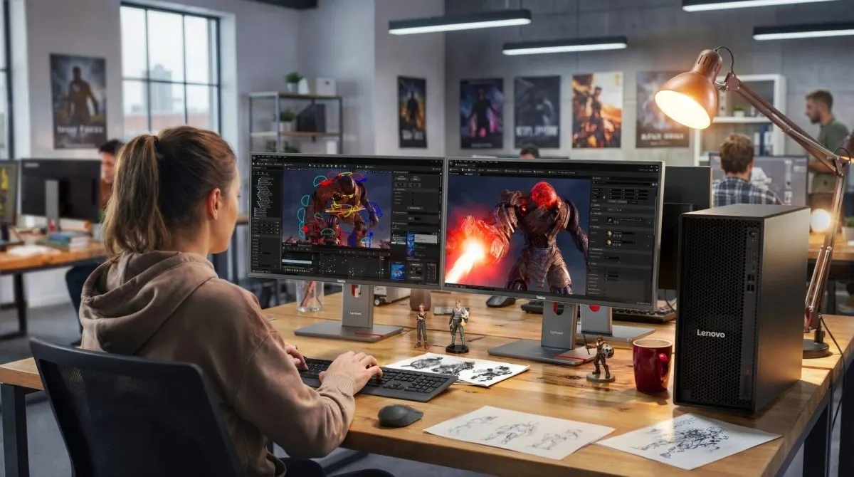 Lenovo ThinkStation P4 workstation chassis and internal layout highlighting AMD Ryzen PRO 9000 series integration.