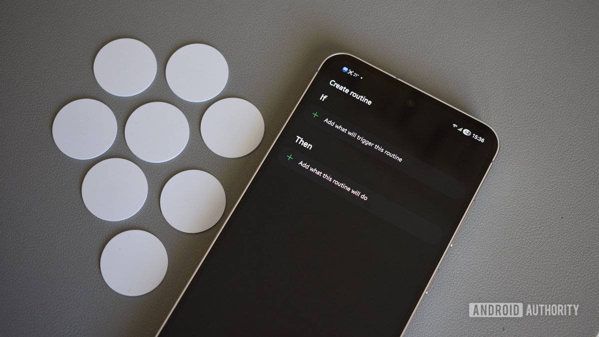 Samsung Routines settings screen on a Galaxy phone showing automated profiles for morning, transit, and work modes.