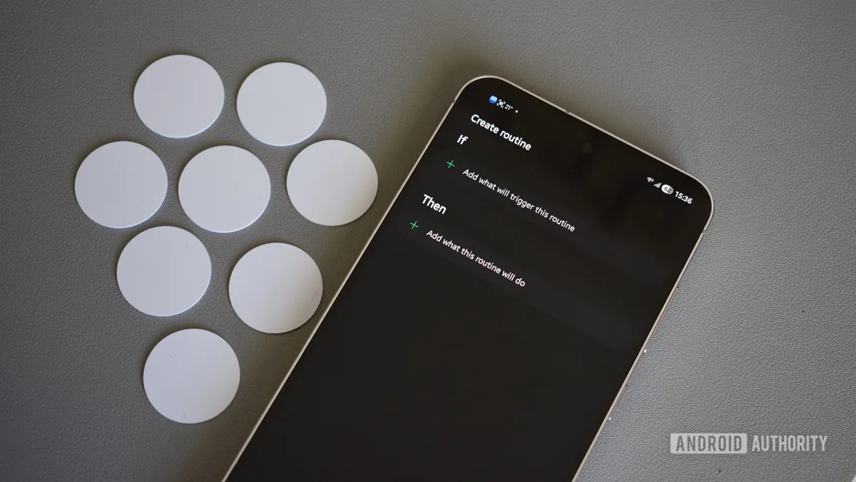 Samsung Routines settings screen on a Galaxy phone showing automated profiles for morning, transit, and work modes.