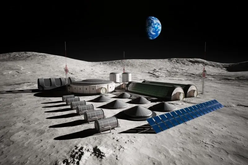 Astronauts assemble a lunar base using dropped plastic, metal, and glass components.