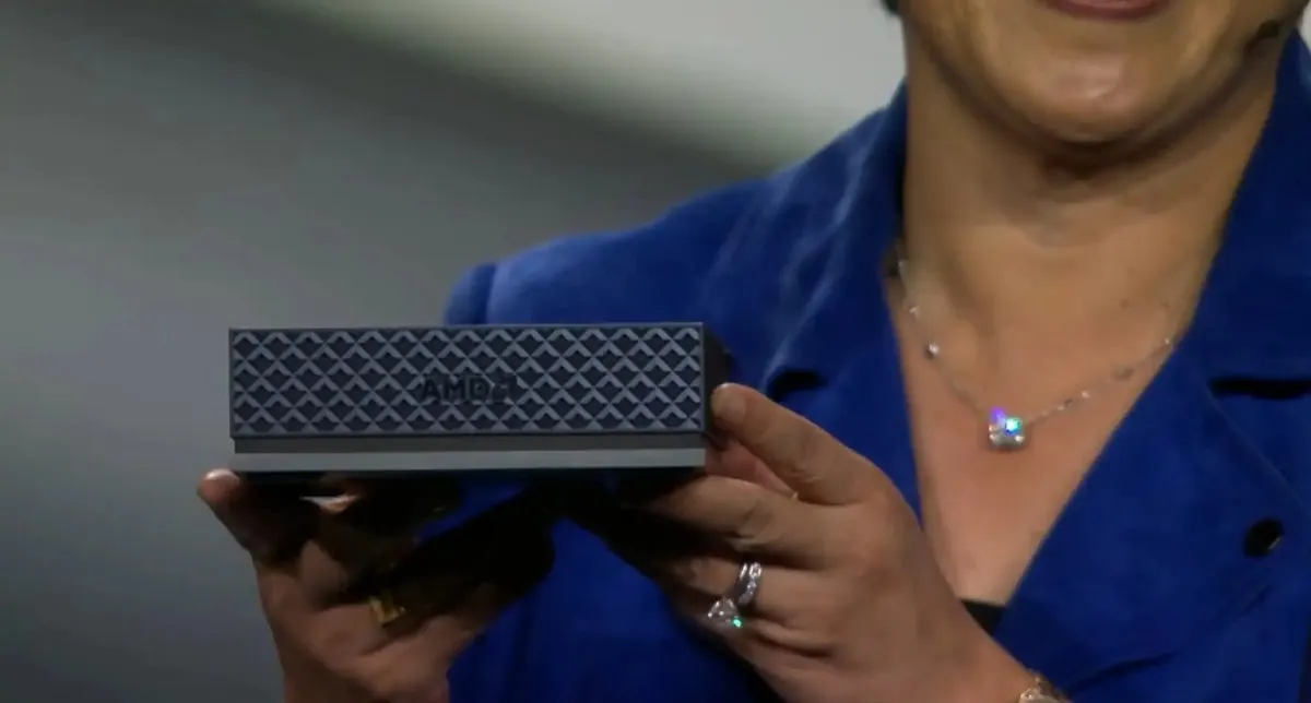 The AMD Ryzen AI Halo mini PC is shown with its compact chassis and rear ports visible.