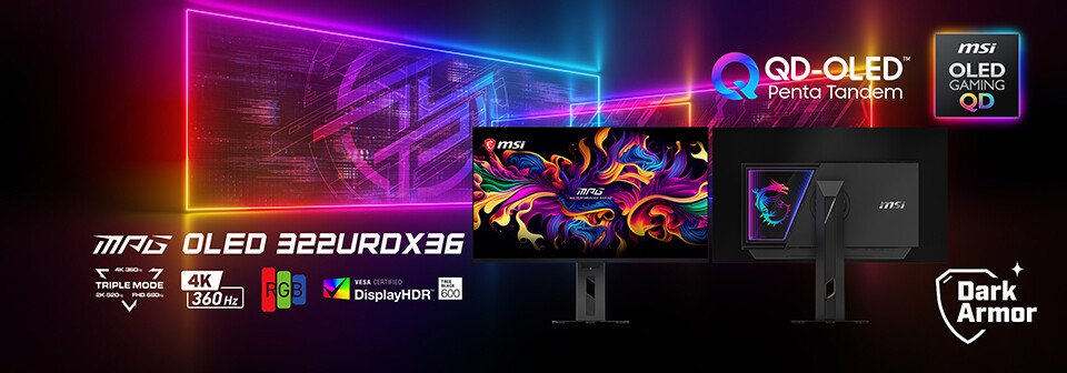 MSI MPG OLED 322URDX36 monitor demonstrating triple mode QD-OLED display at Computex 2026