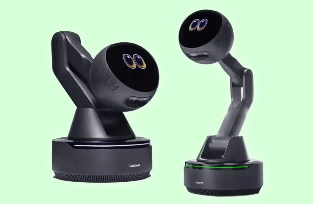 A desktop AI companion device features a robotic arm scanning a physical document to generate digital slides.