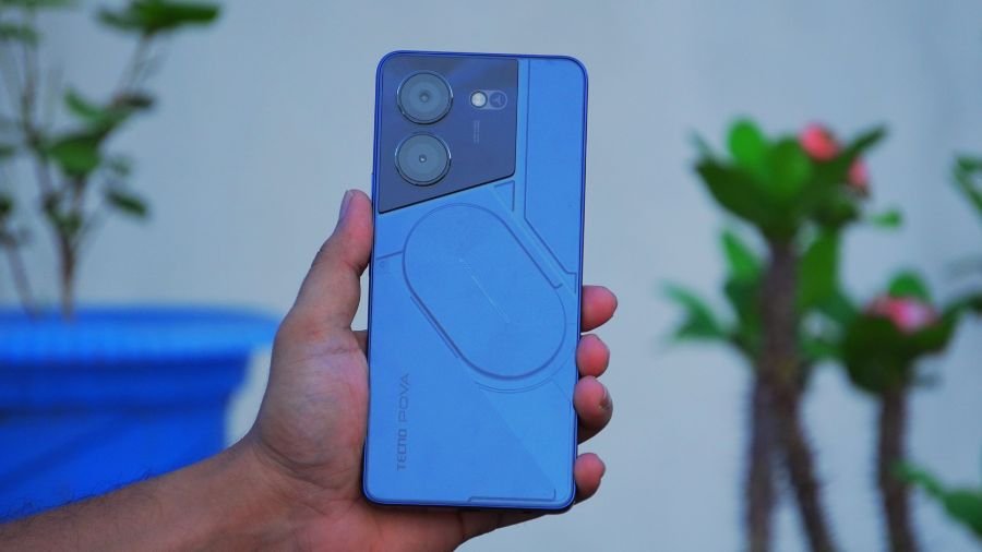 The TECNO POVA 5 Pro 5G smartphone displays its front and rear design.