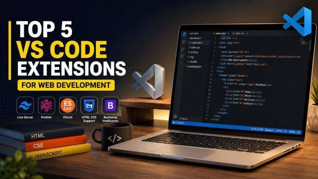 The screen displays the Visual Studio Code interface with a curated list of web development extensions for 2026.