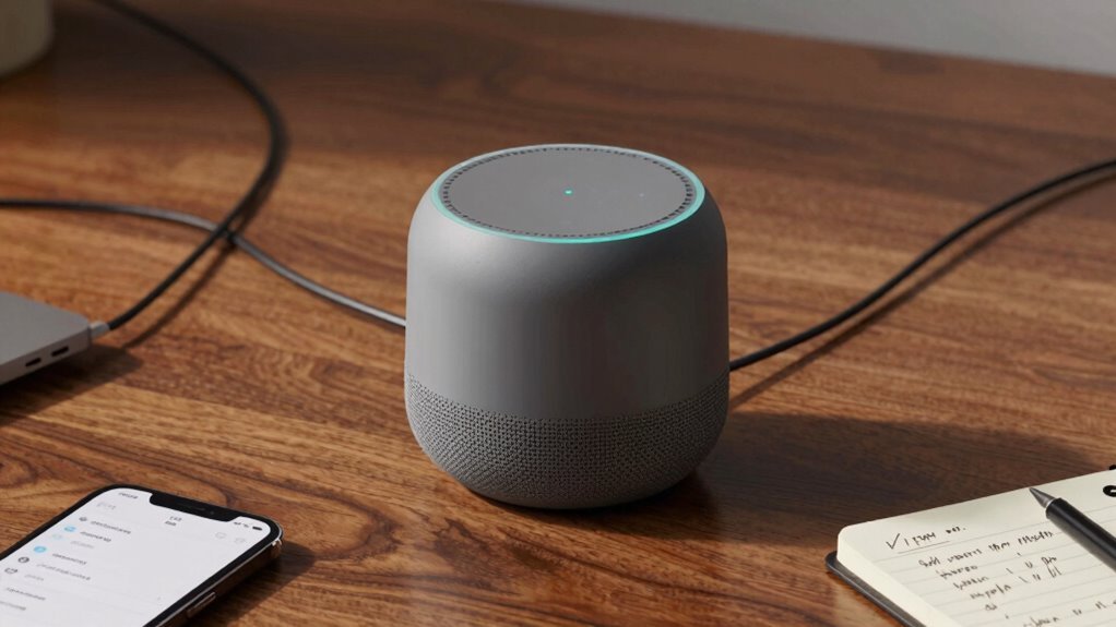 The smart speaker microphone indicator light displays active voice recognition status during troubleshooting.