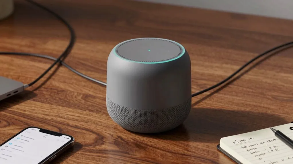 The smart speaker microphone indicator light displays active voice recognition status during troubleshooting.