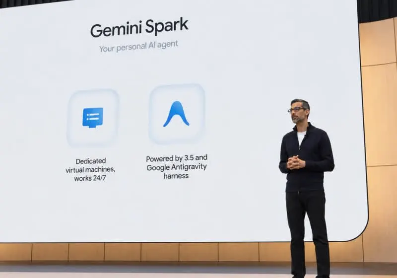 Google Gemini Spark AI agent interface displayed during the Google I/O keynote presentation.