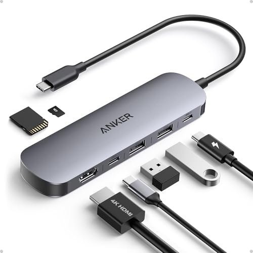 A multiport USB-C hub displays data, video, and power connectivity options.