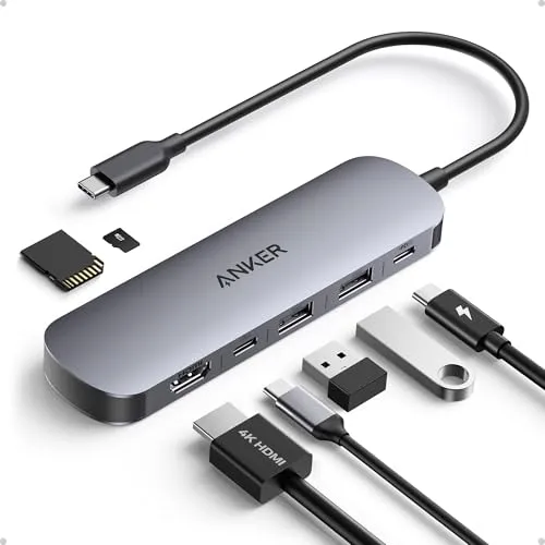 A multiport USB-C hub displays data, video, and power connectivity options.